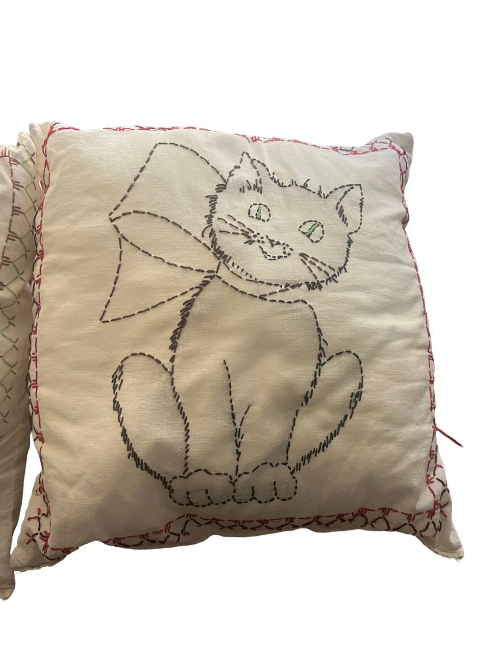 Embroidered Puppy & Kitten Throw Pillows (2) - retro nursery decor vintage